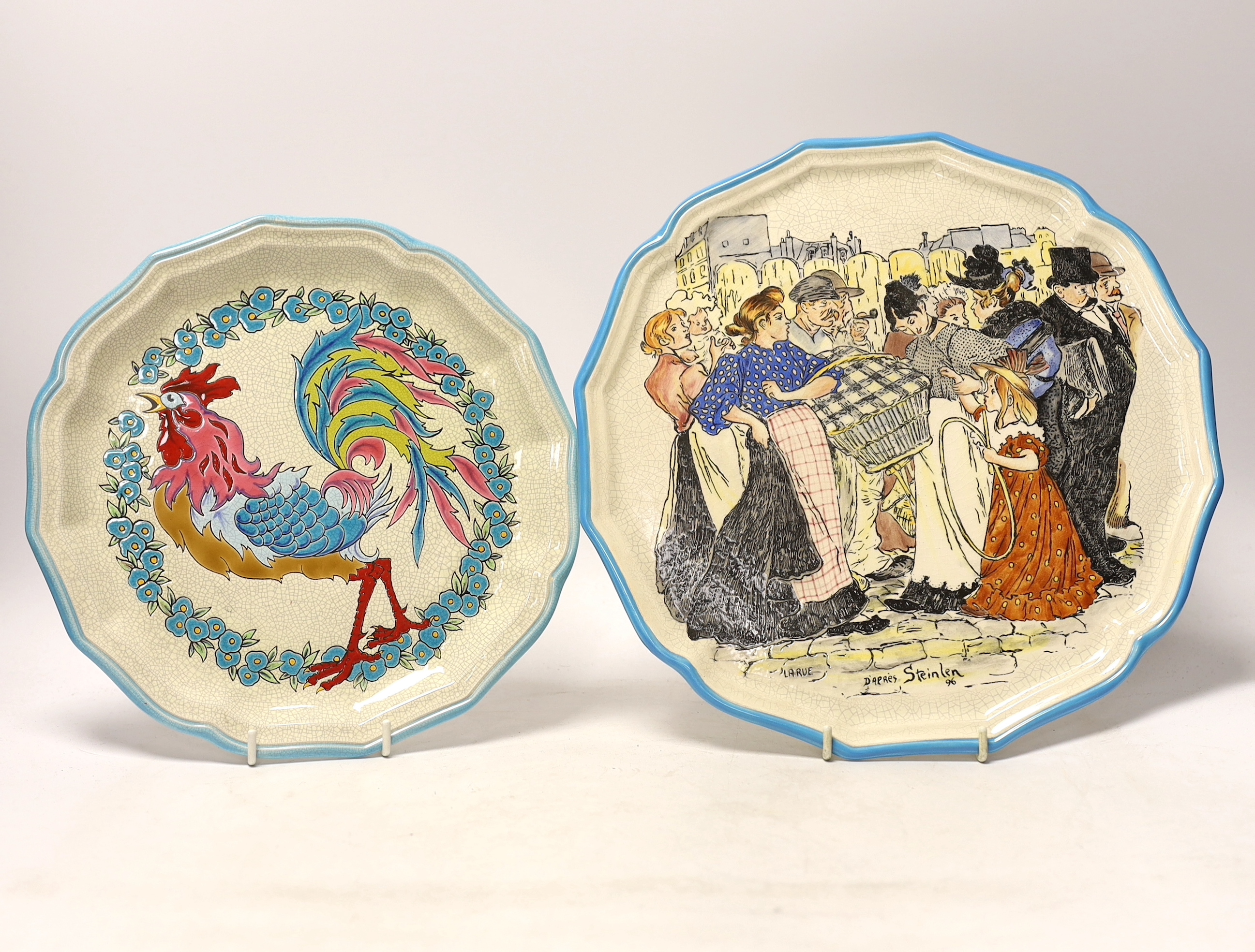 Two Faiencerie Saint Jean L’Aigle Longwy dishes, largest 31cm diameter